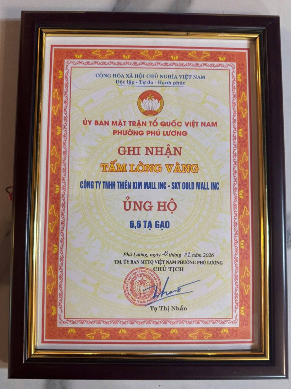 Charity Certificate Issued by the Vietnamese Government